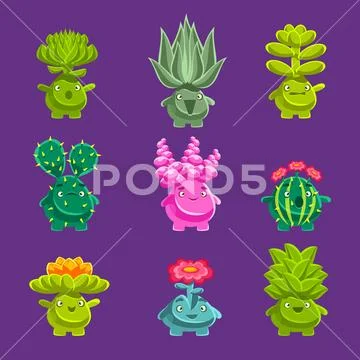 Alien Fantastic Plant Characters With Succulent Vegetation And Humanized Root Stock Illustration