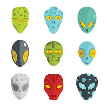 Alien flat face set isolated on white background 스톡 일러스트