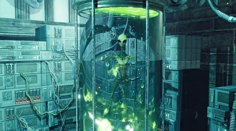 An alien float in a green gurgling liquid in a special glass aquarium in a Stock Illustration