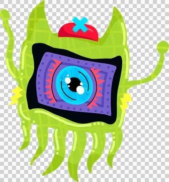 Alien is floating in flat design with purple screen eye, green tentacles on Stock Illustration