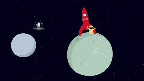 Alien flying in space ship and astronaut standing on planet. Stock Illustration
