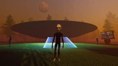 Alien in front of UFO flying saucer Video stock 211817633