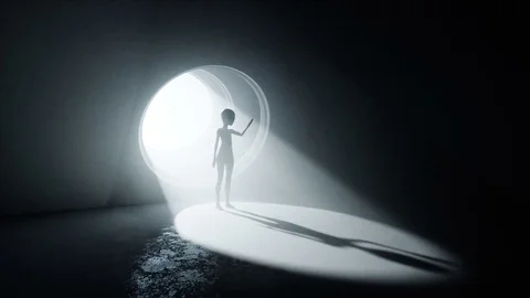 Alien in Futuristic room with round window. Volumetric light. Future ufo concept Stock Footage 79641465