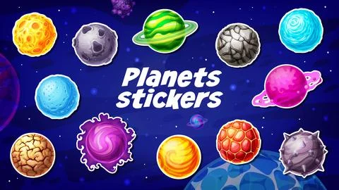 Alien galaxy space fantasy planets stickers pack Stock Illustration