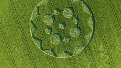 Alien Geometric Crop Circle Drone 4K Overhead 8 June 2021 Stock Footage 155578316