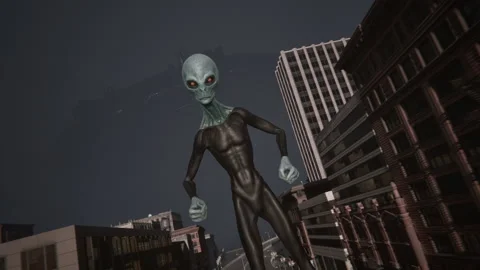 The alien giant walks in slow motion through the empty city Stock Footage 286797899