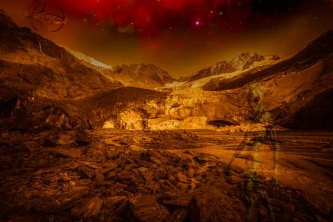 Alien golden landscape of a surface of another planet with alien and starship Stock Illustration