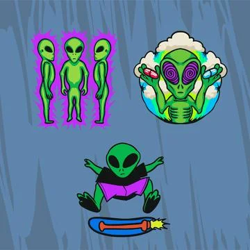Alien green cartoon character pack design for streetwear print Stock Illustration