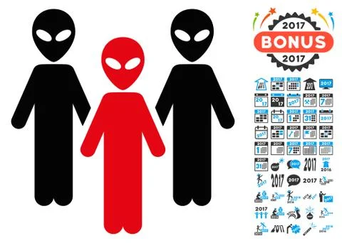 Alien Group Icon with 2017 Year Bonus Pictograms 스톡 일러스트
