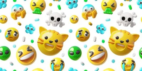 Alien head, flower, skull with bones, cat muzzle emoticon 3D plastic style Stock Illustration
