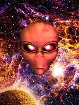 Alien head in front of a starry sky Stock Illustration