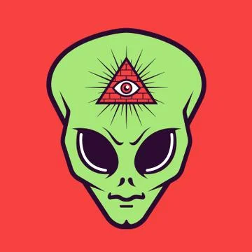 Alien head with a Masonic triangle sign with an eye Stock Illustration