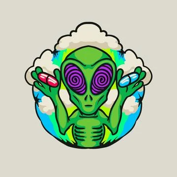 Alien holding 2 pills blue and read design for streetwear style Stock Illustration