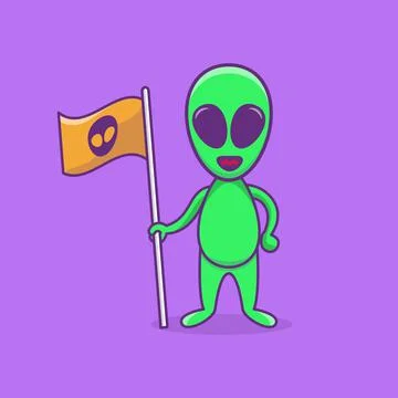 Alien Holding Flag. Cute Alien mascoot Character Cartoon. Alien Illustration. 库存插图