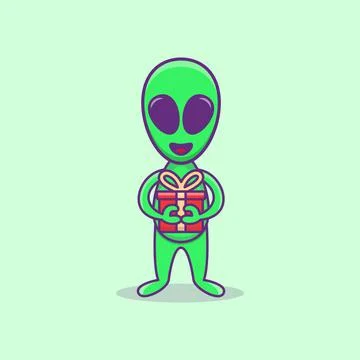 Alien Holding gift. Cute Alien mascoot Character Cartoon. Alien Illustration. Stock Illustration
