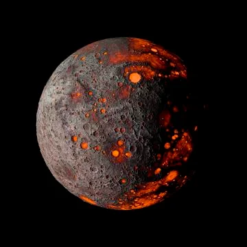 Alien hot planet on black background 3d rendering. Illustrazione stock