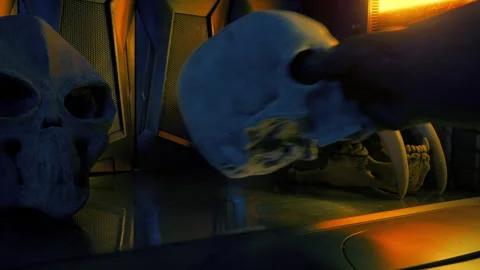 Alien Hunter Adds Human Skull To Collection Stock Footage 338188667