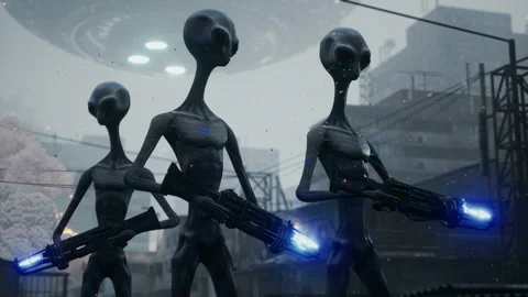 Alien invaders from uncharted space with alien plasma weapons attack a peaceful Stock Footage 195335592