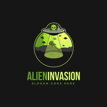 Alien invasion emblem logo icon vector illustration on black background Stock Illustration