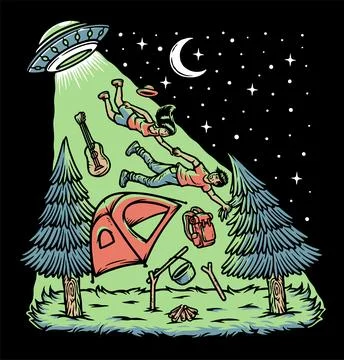 Alien invasion of humans while camping Stock Illustration