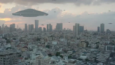 Alien invasion over large city aerial view Stock Footage