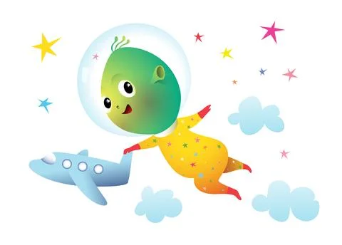 Alien for Kids Playing Rocket and Stars in Cosmos Stock Illustration
