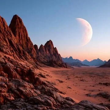 Alien Landscape with Large Moon Stock Photos