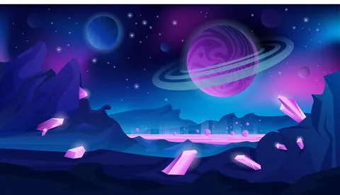 Alien landscape, planet in outer space, neon extraterrestrial glowing lava on Illustrazione stock