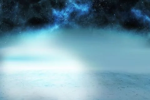Alien landscape is showing icy plain and glowing blue nebula under starry sky in Stock Illustration