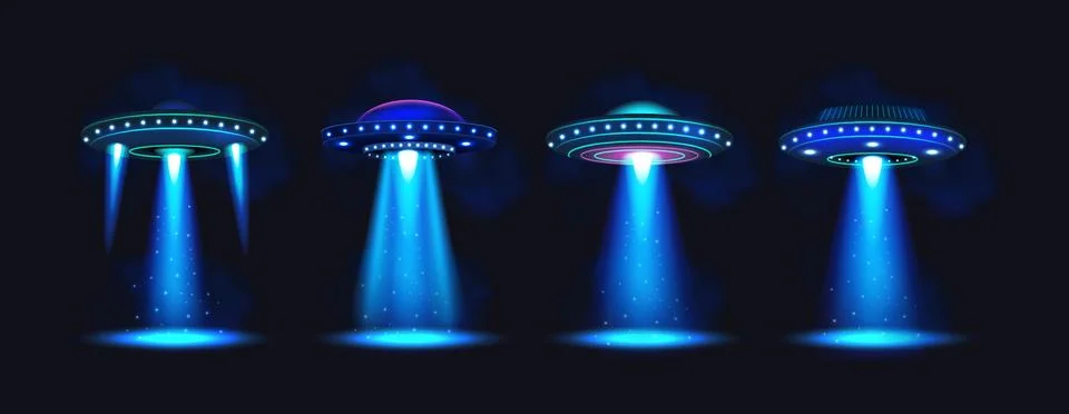 Alien light. 3D UFO in space. Star in black sky. Blue graphic galaxy with n.. Stock Illustration