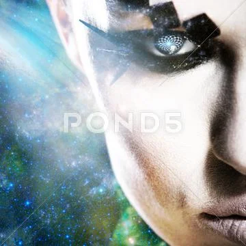 Alien look, abstract female portrait against space backgrounds Stock-Fotos