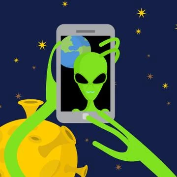Alien makes selfie in space. Space alien takes pictures of herself on phone a Stock Illustration