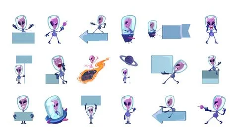 Alien mascot actions with blank sign boards arrows cartoon illustrations set Stock Illustration