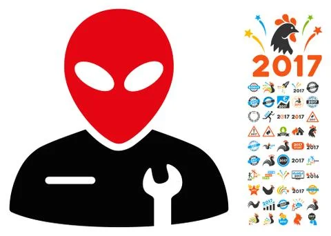 Alien Mechanic Icon with 2017 Year Bonus Pictograms Stock Illustration