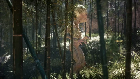An alien in the middle of a dense forest admiring the red moon on his home Stock Footage 165167253