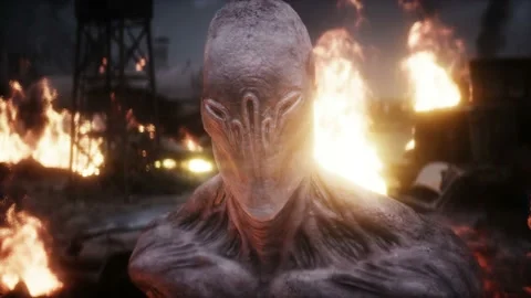 Alien, monster in a burning ruined apocalyptic city. Armageddon view. Realistic Video stock 145373906
