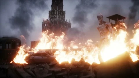 Alien, monster in a burning ruined apocalyptic city. Armageddon Moscow view Stock Footage 145374347