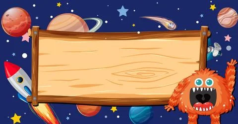 Alien Monster on Outer Space Wooden Border Frame Stock Illustration