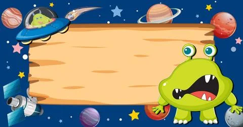 Alien Monster on Outer Space Wooden Border Frame Stock Illustration