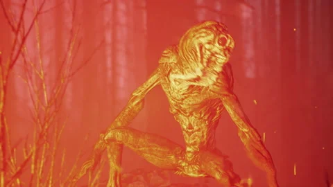 Alien monster roars and charges in front of the fire in the burning forest 05 Stock Footage 231582230