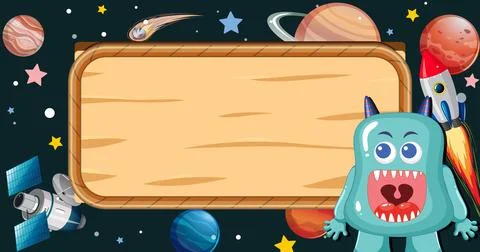 Alien Monster on Wooden Border Frame in Outer Space Stock Illustration