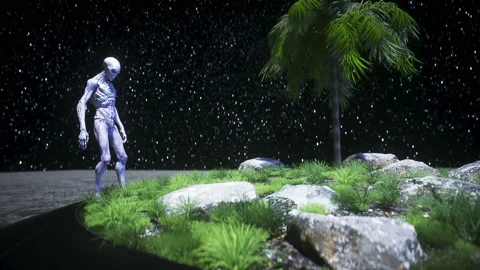 Alien on the moon in oasis. Ufo concept. 3d rendering. Stockbeeldmateriaal 132639634