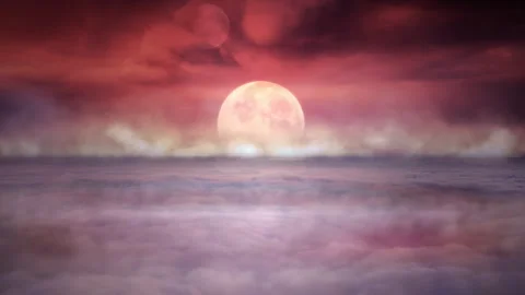 Alien Moon Rising Through Blood Red Scifi Sky Above Clouds Stock Footage 342220759