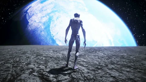 Alien on the moon. Ufo concept. 3d rendering. Stockbeeldmateriaal 132634685