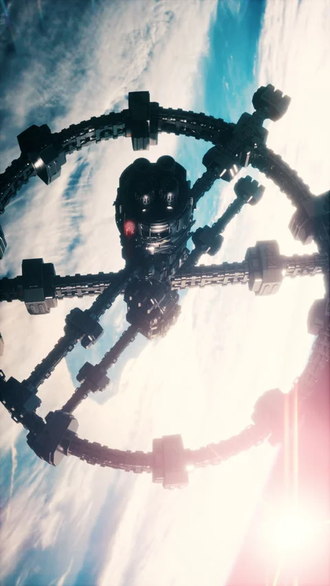 Alien mothership near Earth elements furnished by NASA, vertical Video stock 303806418