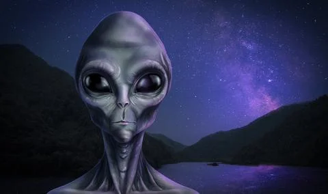 Alien in mountains under starry sky. Extraterrestrial visitors Stock Photos