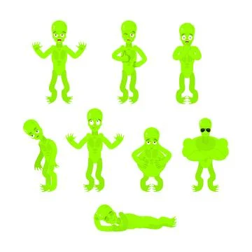 Alien movements set. UFO Sleeping and angry. Space invader green Surprised .. Stock Illustration