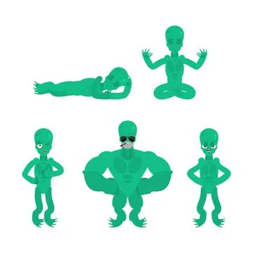Alien movements set. UFO Sleeping and angry. Space invader green Surprised .. Stock Illustration