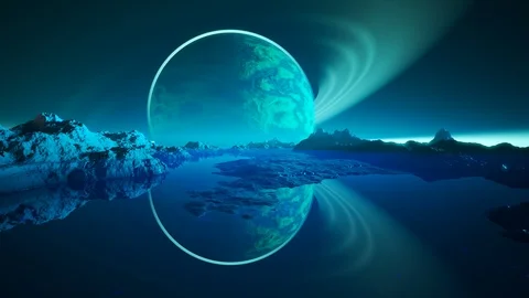"Alien mystery planet reflection in big sea surrounded by mountain landscape." Vidéo 98953370