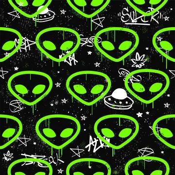 Alien neon head seamless pattern.Vector hand drawn doodle line cartoon Illustrazione stock